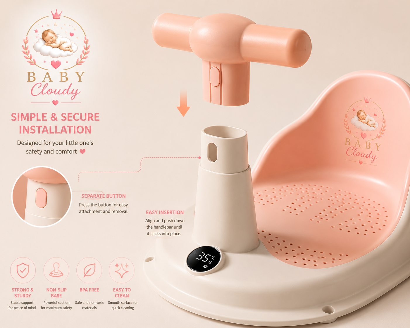 🩷 Baby Cloudy™ | Siège de Bain Bébé avec Thermomètre Intégré