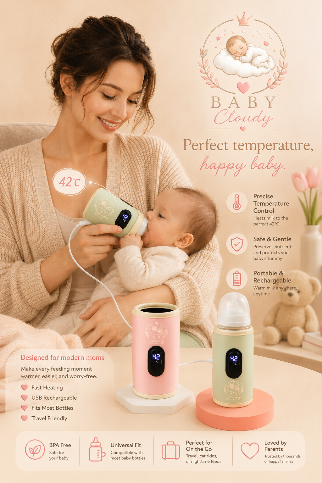 🍼☁️ BabyCloudy™ – Pochette Chauffe-Biberon Nomade USB 💗✨