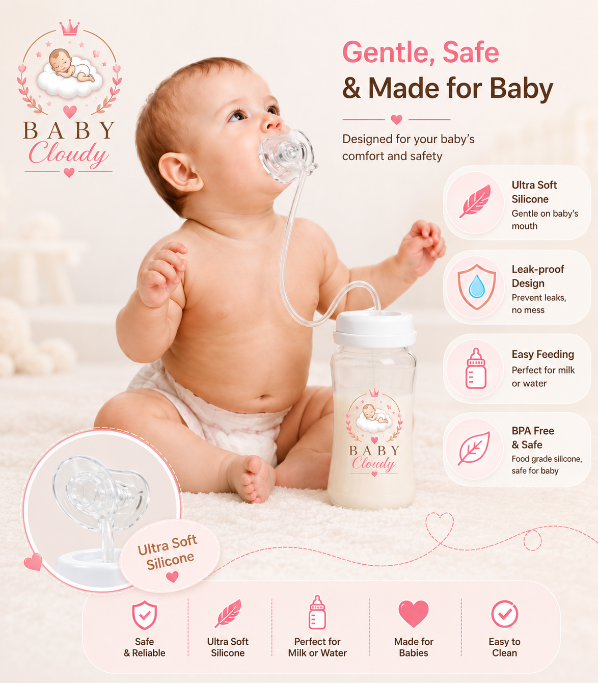 Biberon Paille Anti-Colique Premium Baby Cloudy™ ☁️🩷