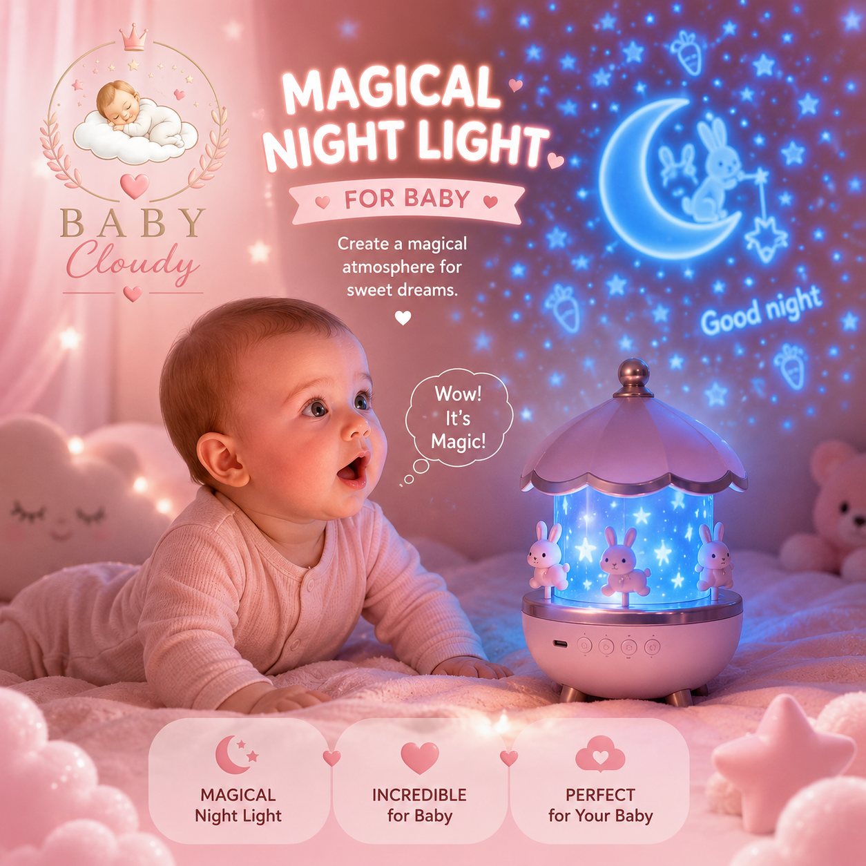 🌙🩷 Veilleuse Ciel Étoilé pour Bébé ☁️✨