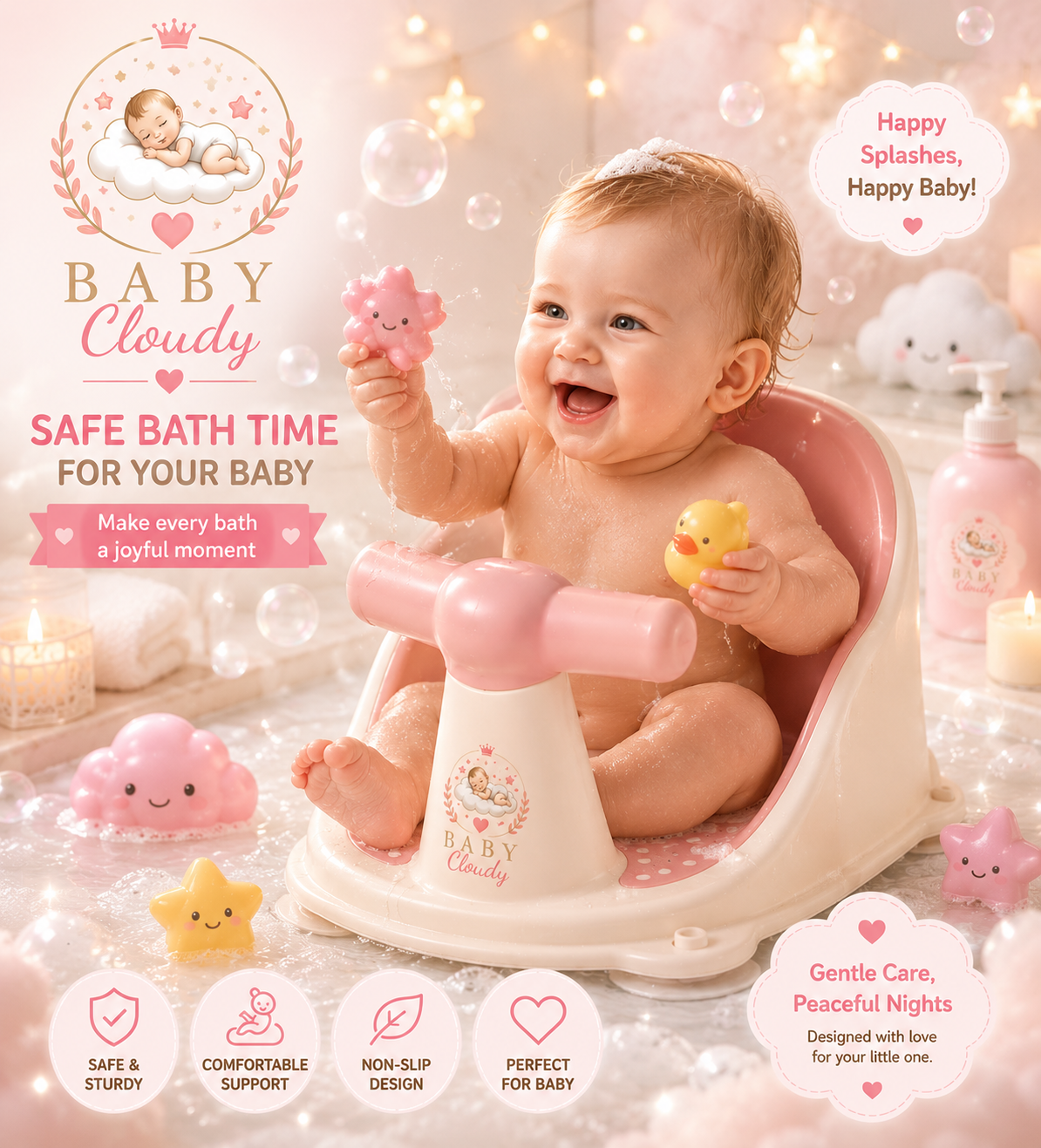 🩷 Baby Cloudy™ | Siège de Bain Bébé avec Thermomètre Intégré