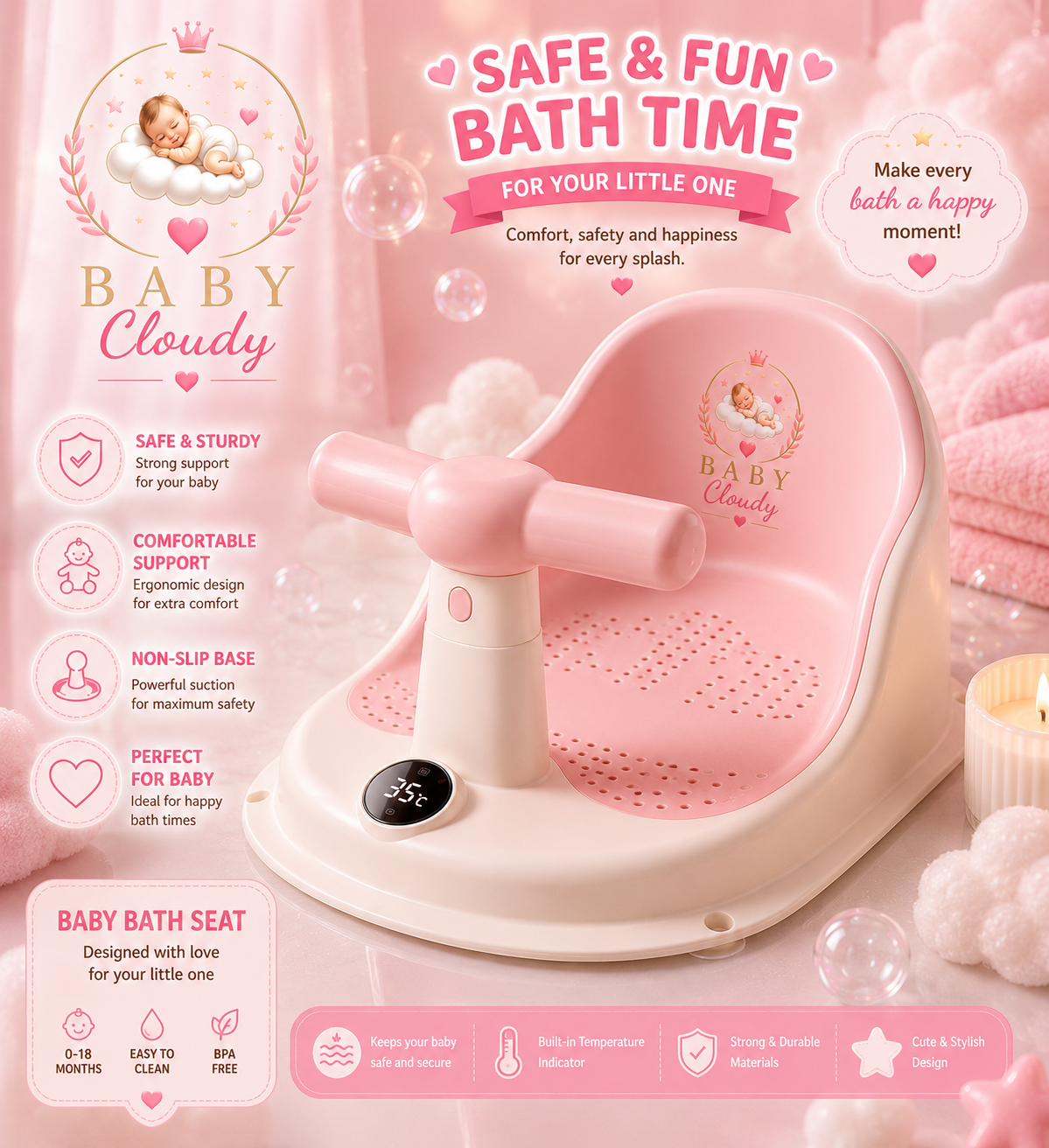 🩷 Baby Cloudy™ | Siège de Bain Bébé avec Thermomètre Intégré