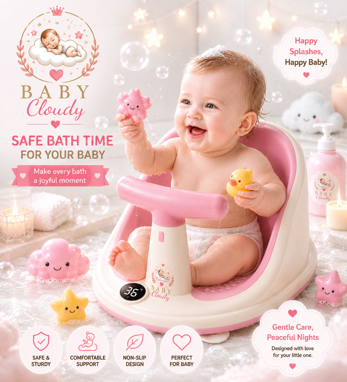 Thermomètre digital intégré du siège de bain bébé BabyCloudy